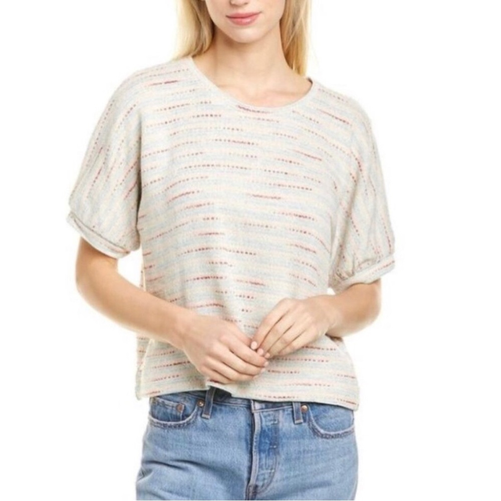 MADEWELL Striped Textured Short Puff Sleeve Knit Top Sz M